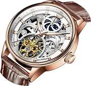 [OLEVS] Mens Luxury Dress Black Leather Silver Gold Tourbillon Moon Phase Automatic Mechanical Self Winding Waterproof Luminous Wrist Watches