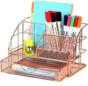 Pen Holder Metal Desk Organiser Desk Tidy Storage Organisation Desktop Organiser with Drawer Storage Rack Rose Gold for Remote control makeup