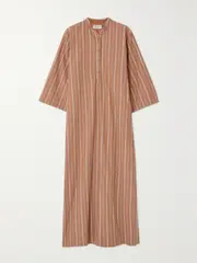 [Matteau] Matteau - + Net Sustain Striped Organic Cotton-blend Maxi Shirt Dress - Camel - 4 4 Brown
