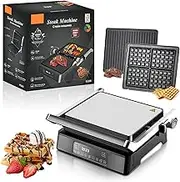 2-in-1 Steak & Waffle Machine 1800w, Sandwich Toasters & Panini Presses with 5 Auto Modes, Non-Stick Coating,180° Flip, Led Touch Panel, 230℃ Tempe Control, Grill for Kitchen Appliances