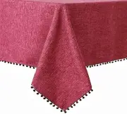 JUCFHY Pompom Tassel Rectangle TableCloth Heavy Duty Fabric,Stain Maroon 60x120