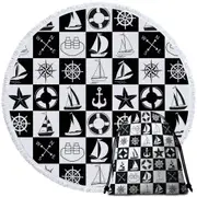 Black and White Checkered Nautical Themed Round Beach Towel
