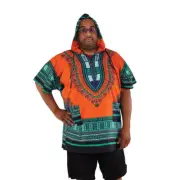 Orange Traditional African Print Dashiki w/color designs w/Hood. Free size.