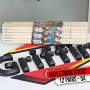 Drum Sticks -12 Pairs Attack Zzap by GRIFFIN - 5A Maple Wood Percussion Drumming