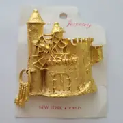 Vintage Castle Brooch Pin Spider Skeleton Keys Gold Tone Haunted Halloween 2.5"