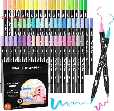56 Pastel Dual Brush Pen Markers Fine & Brush Tip for Coloring & Calligraphy