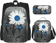 [StOlmx] 3 Pcs Set Backpack,Waterproof Bookbag, Insulated Lunch Bag & Pencil Case Pouch, Travel,Hiking,White Natural Greenery Twig Print, White Blue Daisy, One Size