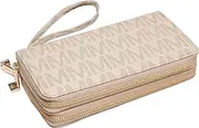 [MKP COLLECTION] Womens Fashion Double Zip Around Wallet Long Purse Credit Card Holder Bifold Ladies Cluth Wristlet Wrist Strap, Beige, Women Wallet
