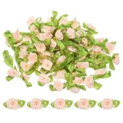 Mini Ribbon Roses, 200 Pcs Satin Fabric Flowers with Green Leaves, Light Pink