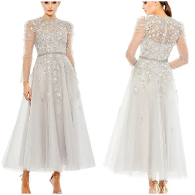 Mac Duggal NWT Embellished Gathered Long Sleeve A Line Gown Platinum Size 6