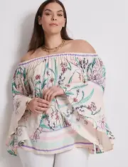 BNWT Size 18 AUTOGRAPH Bell Sleeve Off the Shoulder Lavendar Floral Peasant Top