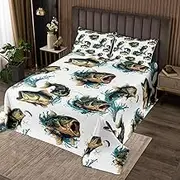 Homemissing Pike Fish Coverlet Set Single Size Bass Big Fish Bedspread for Kids Boys Girls Fishing and Hunting Fisherman Fish Man Fish Hook Quilted Coverlet Green Quilted