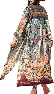 [L-Peach] Women's Print Drawstring Waist Kimono Beach Long Dress Cover ups One Size