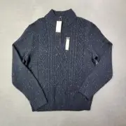 Haggar Sweater Mens Large Navy Speckled Cable Knit Lambswool Blend 1/4 Zip NWT