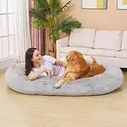fond + found Large Human Dog Bed Fluffy Faux Fur Bean Bag Bed Nap Bed for Pets&Adults with Memory Foam, Floor Mat, Human Sized Foldable Pet Bed, Removable Washable Fur Cover