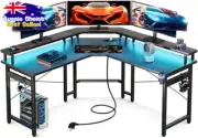 L-Shaped Gaming Desk w/ LED Lights, Power Outlet, Monitor Stand - Texture Black