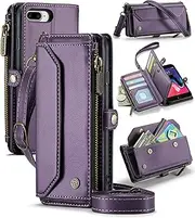 ELEPIK for iPhone 6 Plus/7 Plus/8 Plus Case, Adjustable Crossbody Wallet Case with Card Holder, Kickstand, [RFID Blocking] [Crossbody & Wrist Strap] Durable PU Leather Magnetic Phone Case, Purple