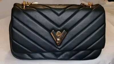 Valentino Orlandi Black Quilted Handbag with Gold Chain Strap Stitch Clutch NEW