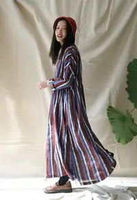 在飛比找Yahoo!奇摩拍賣優惠-燕燕~棉麻商品~日系森林系~格子棉民族印花寬鬆洋裝 連身裙