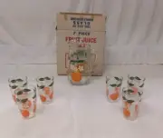 Vintage Anchor Hocking 7 Pc Orange Juice Glass Set MINT W BOX 4oz, 34oz Pitcher