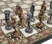 Medieval Times Crusades Pewter METAL Chess Set 17" Mosaic Color Board