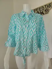 NEW Chico's Tunic Top Blue/Aqua White Sz 3 (US Large) Button Up Tie Front Detail