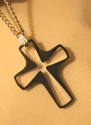 Handsome Sculpted Black Rimmed Glass Cross Pendant Silvertone Necklace