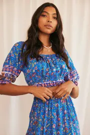 Blue Crop Top Half Sleeve Square Neck Frill Hem - Size 16, Women's Crop Top