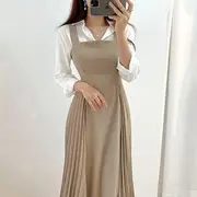 Mini Shirtdress / Pleated Midi A-Line Empire Waist Overall Dress Shirtdress - Blue - One Size