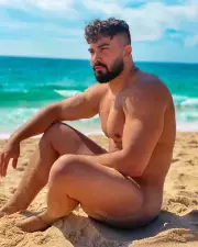 [B390] Handsome Male Cute Model Showing Off Body And Muscles On Beach Water