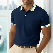 Men's Golf Shirt Vacation Business Classic Short Sleeve Fashion Basic Solid Color Plaid Buttons Summer Spring Spring Fall Regular Fit Navy Blue Blue Green Go