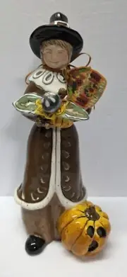 Pilgrim Pumpkin Holding Acorns Tea Light Candle Holder Blue Sky Clayworks New