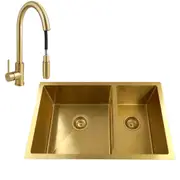 ACA Brushed Gold Stainless Steel Kitchen Sink With Tap Set Double Bowls Under/Topmount Handmade 71x45CM