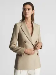 REISS Logan Double Breasted Twill Blazer Jacket in Neutral UK Size 14