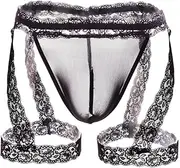[Generic] Men's Lingerie Panties Lace Bulge Pouch G-String Thongs Underwear with Garter