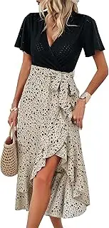 [AILLOSA] Women's Casual Loose Short Sleeve V Neck Patchwork Print Dress