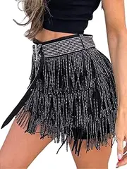 [Yinawsky] Womens High Waist Rhinestone Fringe Skirt Elastic Waistband Mini Dress Westem Tassel Skirt with Belt