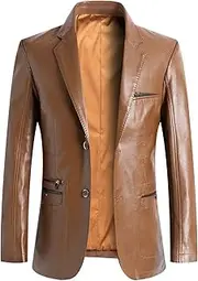 [Chartou] Men's Regular Fit Button Down Lined Business Lambskin Leather Jacket Blazer with Pockets