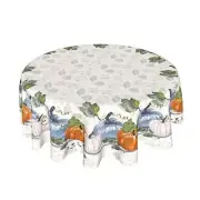 Fall Blue Pumpkin And Leaves Round Tablecloth 60 Inch Thanksgiving Tablecloth