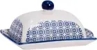 Hand Printed Butter Dish - Ceramic Porcelain Spread Container Plate with Lid - 1