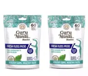 3 PACKS Of Guru Nanda Basics Fresh Floss Cocomint Flavored Picks, 60 Per Pack US