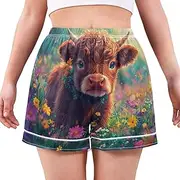 [RPLIFE] Cute Highland Cow Flowers Field Pajama Shorts for Women, Cute Casual Bottoms for Women, Summer Pajamas