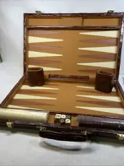 Vintage Skor-mor Backgammon Set Brown Faux Leather Foldable Travel Case