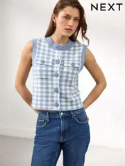 Blue Gingham Crew Neck Knitted Pattern Tank With Pockets (AA8105) | $64