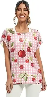 [RPLIFE] Cute Cherries Pink White Plaids Top Batwing Sleeve, Casual Shirt Batwing Top Women S-XXL