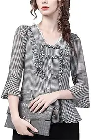 [Generic] Women Summer Flare Sleeve Chiffon Blouse Loose Casual V-Neck Vintage Office Blouse