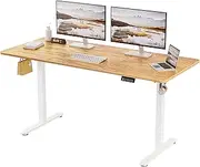 [ERGOMAKER] Electric Standing Desk 160x70cm, Height Adjustable Standing Desk with Splice Board, Stand Up Desk with Backpack Hook and Memory Smart Handset(White Frame + Light Rustic Brown Desktop)