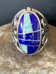 Native American Navajo Lapis & Opal Inlay Sterling Silver Ring Size 7 01484