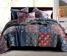 3pc Handmade Patchwork Block Cotton Floral Red Blue White King Size Quilt Set