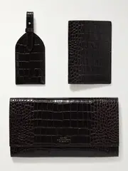 [Smythson] Smythson - Mara Croc-effect Leather Clutch, Passport Holder And Luggage Tag Set - Dark brown - One size One size Brown
